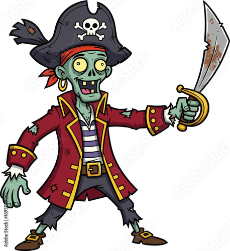 Zombie pirate cartoon, undead sailor character, green skin monster, sword fighter horror, cad drawing flat vector illustration, Halloween adventure theme