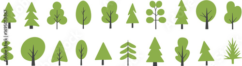Collection of green tree vector icons in various shapes and styles, ideal for nature, environment, forest, gardening, and eco-friendly design projects