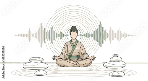 Illustration depicting a meditating person in lotus position with sound waves and zen stones