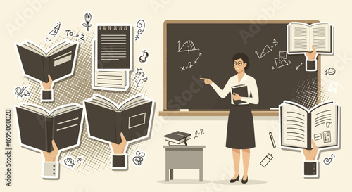 Illustration depicting education and learning concept, featuring a teacher and books in a