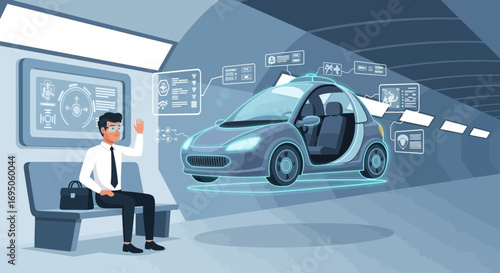 Illustration depicting futuristic transportation with a self-driving car and passenger technology