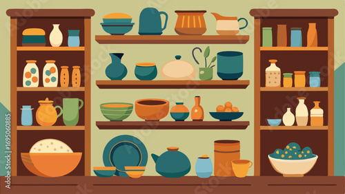 A kitchen featuring open wooden shelves stacked with a mix of eclectic ceramic dishes and handmade pottery.