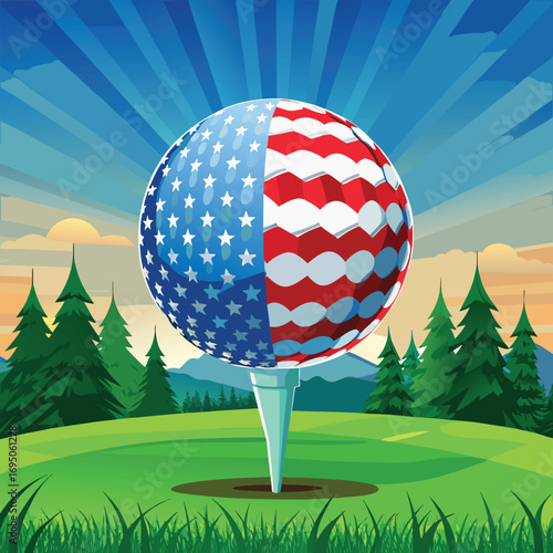 American flag golf ball on tee at sunset United States
