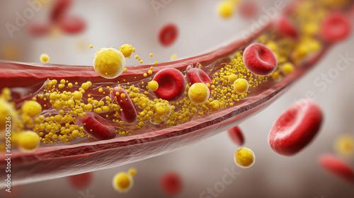 Red Blood Cells and Yellow Cholesterol Particles Flowing Inside a Blood Vessel