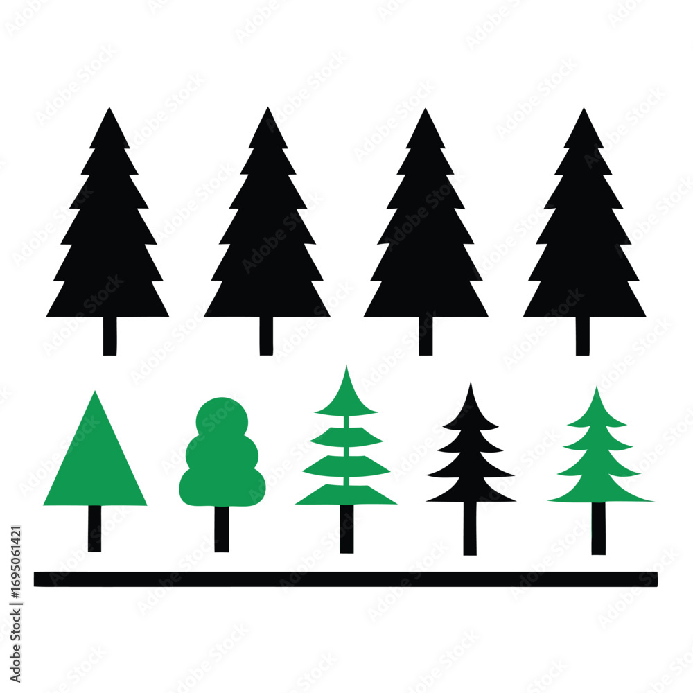 Obraz premium Assortment of simple tree icons in black and green