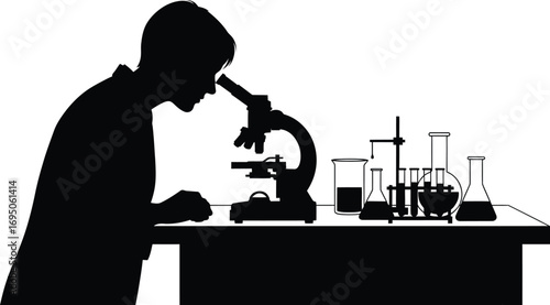 Silhouette of a scientist using a microscope in a laboratory, image represents research, science, and discovery in a clean design