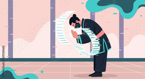 Illustration of a man in traditional clothing bowing with digital elements around him offering