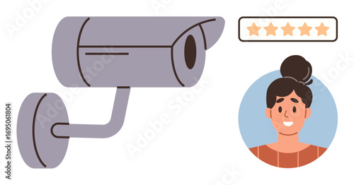 Security camera facing person with a review rating showing five stars near the face. Ideal for security, privacy, technology, monitoring, performance evaluation, feedback systems, user experience