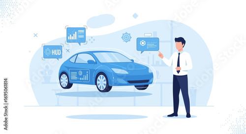 Illustration of a man presenting a car with digital hud display and data analysis features for
