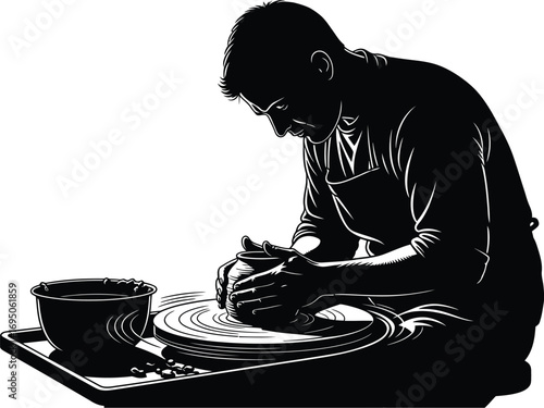 Silhouette of a potter shaping clay a wheel, , showcasing artistry and craftsmanship of pottery with creativity and skill