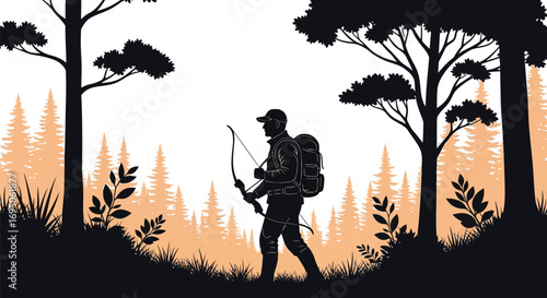 Silhouette of a hunter with bow and arrow in a forest, capturing essence of outdoor adventure, wildlife, and thrill of hunt