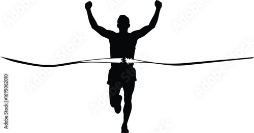 Silhouette of a runner crossing finish line with arms raised in victory, symbolizes achievement, success, and thrill of competition