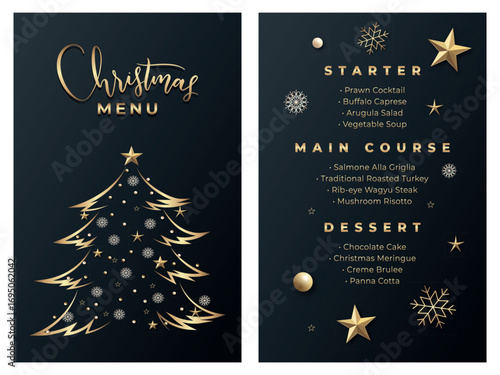 Vector christmas menu template for restaurant on the dark background with golden text and elements. Merry christmas menu printable template	
