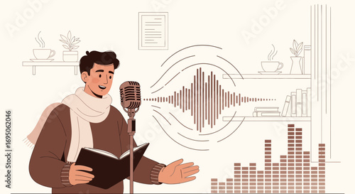 Illustration of a man reading into a microphone in a cozy setting with sound waves