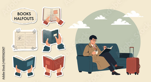 Illustration of a Man Reading While Waiting at an Airport Lounge with Book Stickers