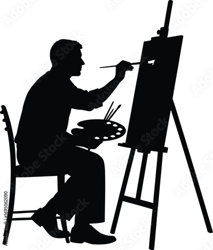 Silhouette of an artist painting canvas a man sits in front of an easel, holding a brush and palette, creating a masterpiece with passion and skill