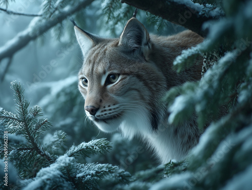 Lynx Hidden in Snowy Forest Shadows
