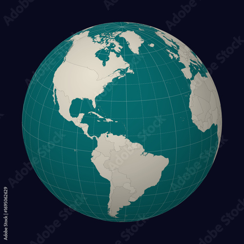 Saint Martin on the map. Globe centered to Saint Martin. Country location on the world map. Teal Pale Mint color palette. Globe with countries, meridians and parallels. Amazing vector illustration.