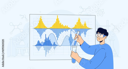 Illustration of a scientist analyzing data, conducting experiment in laboratory with test tubes