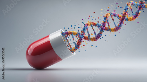 DNA Helix Emerging as Particles from a Red and White Medical Capsule Pill