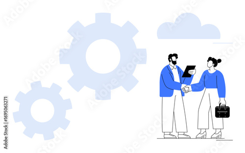 Two professionals shaking hands while holding documents and briefcase, large gears and cloud in the background. Ideal for teamwork, partnership, innovation, business growth, collaboration