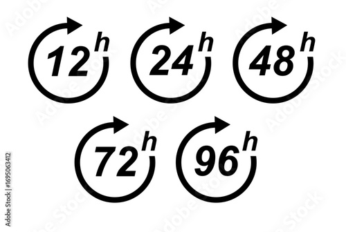 Hour icon 12, 24, 48 and 72 hours clock arrow. Fast service Work time effect or delivery service time icons 24 hours sign. Vector