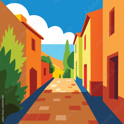 Colorful Mediterranean Street Scene with Buildings and Sky Keywords: street, village, town