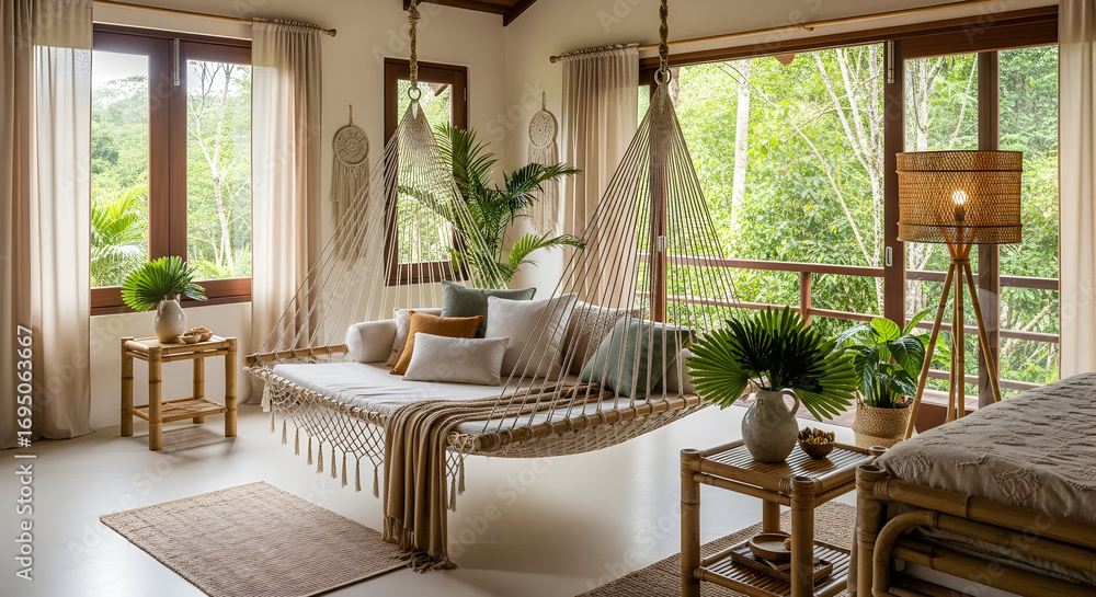 Fototapeta premium Elegant Interior Design with Hammock and Nature Views for Relaxation and Serenity