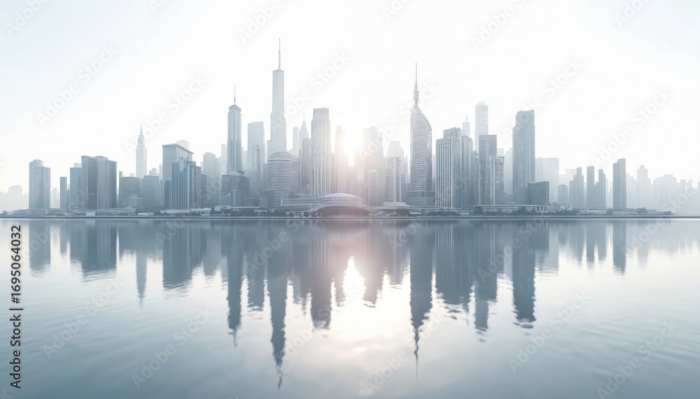 Obraz premium Aerial view of modern city skyline with towering skyscrapers, sleek architecture reflected in water below. Noisy urban landscape features thriving commercial district, ideal for representing