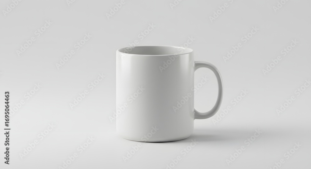 Fototapeta premium A simple white ceramic mug with a handle on a plain white background in a studio shot setting here now