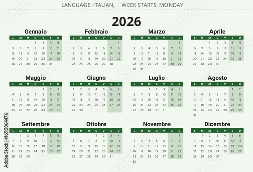 2026 year Italian calendar. Vector modern illustration for Italy green - Calendario italiana