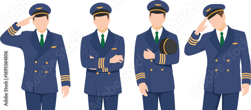 Vector illustration of four airline pilots in professional uniform, ideal for aviation graphics, pilot training visuals, flight crew design, and travel industry content