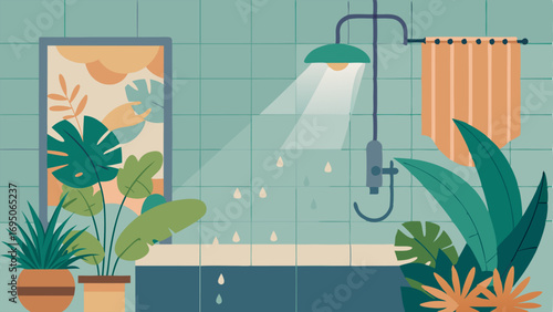 A minimalist bathroom with a large rainfall showerhead and a wooden vanity with a few tropicalinspired prints hung on the walls.