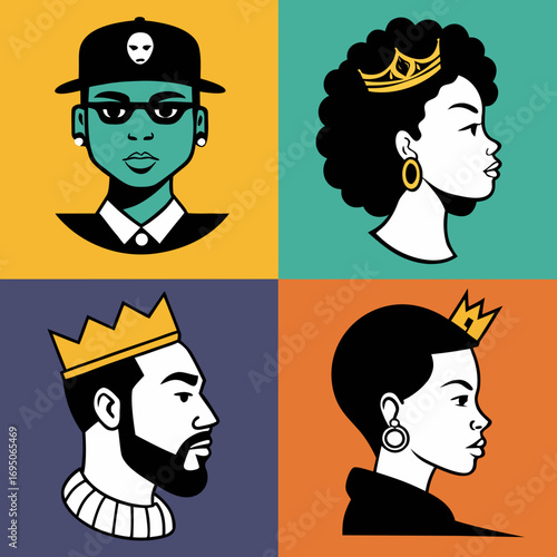 Four regal and stylish black figures representing royalty and modern culture isolated on white background silhouette