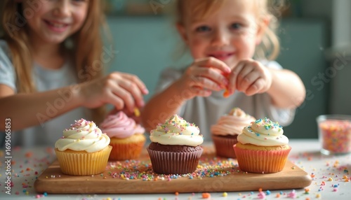 Two young children joyfully decorate cupcakes with colorful sprinkles. Kids happily engage in baking activity, creating sweet treats for party birthday celebration. Fun bonding experience in kitchen,