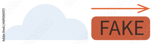 Cloud shape and bold arrow leading to the word FAKE highlights misinformation, digital data issues. Ideal for cloud computing, internet distrust, online fraud, cybersecurity, propaganda analysis
