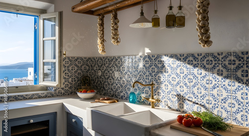 Elegant kitchen interior with a view in a beautiful location in Greece