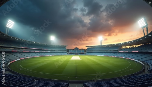 Empty cricket stadium features glowing floodlights, white pitch, and moody skies creating cinematic atmosphere. Grandstands filled with seats await players and fans for exciting sport competition.