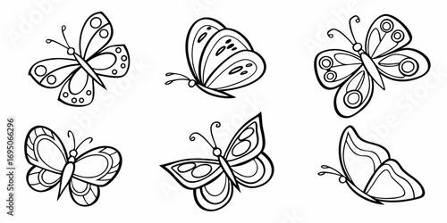 Six Stylized Black and White Butterfly Illustrations.