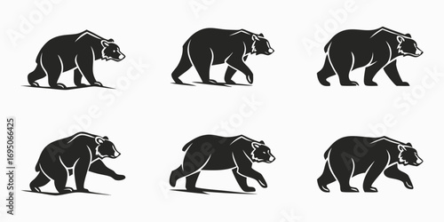 Six Stylized Black Bear Silhouettes Walking.