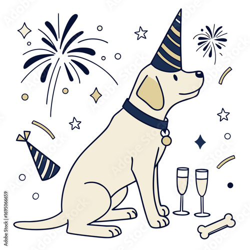 Cute SVG of a Shy Labrador in Midnight Sparkle colors, featuring wearing bunny slippers in a New Year celebration setting