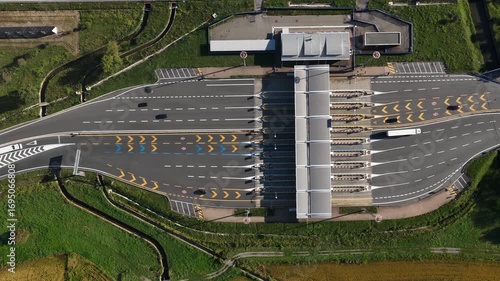 Toll booths gates on italian highway. Transport and taxes for driving.