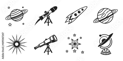 Space Exploration Icons Planets Rockets and Telescopes.