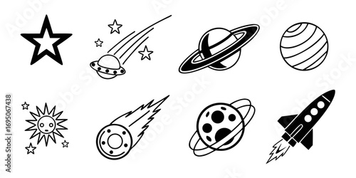 Space Icons Collection Planets Stars Rocket UFO.