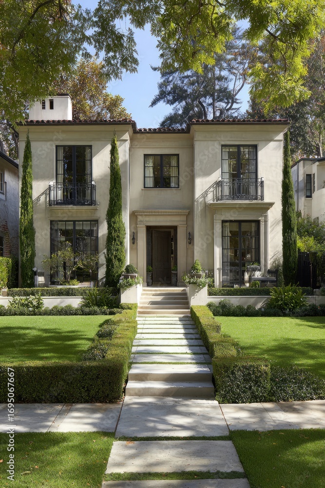 Fototapeta premium A light beige two-story home with meticulously landscaped grounds and a pathway leading to the front entrance.