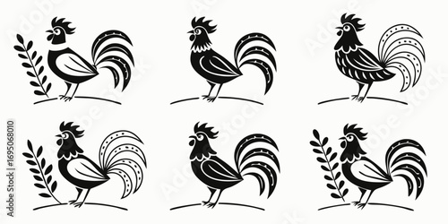 Stylized Black Roosters with Decorative Tails and Leaves.