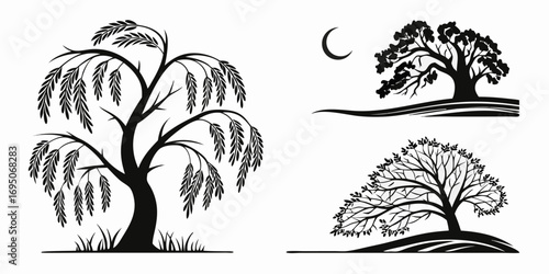 Stylized Black Silhouette Trees and Crescent Moon.