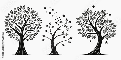 Stylized Black Trees with Falling Stars and Leaves.