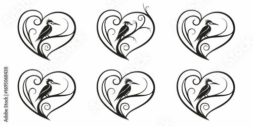 Stylized Black Woodpecker Perched on Branch Inside Heart Shape.