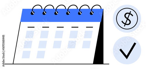 Desk calendar with blue header, dollar sign for finances, and checkmark for task completion. Ideal for scheduling, organization, time management, productivity, financial planning, accountability